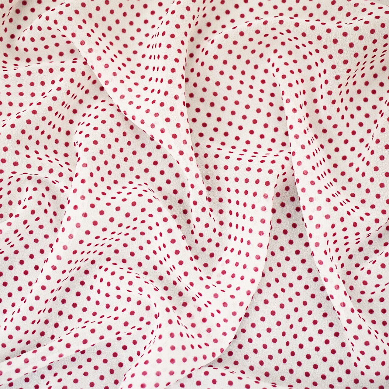 White-Red Polka Dots Printed Poly Chiffon Woven Fabric By the Yard